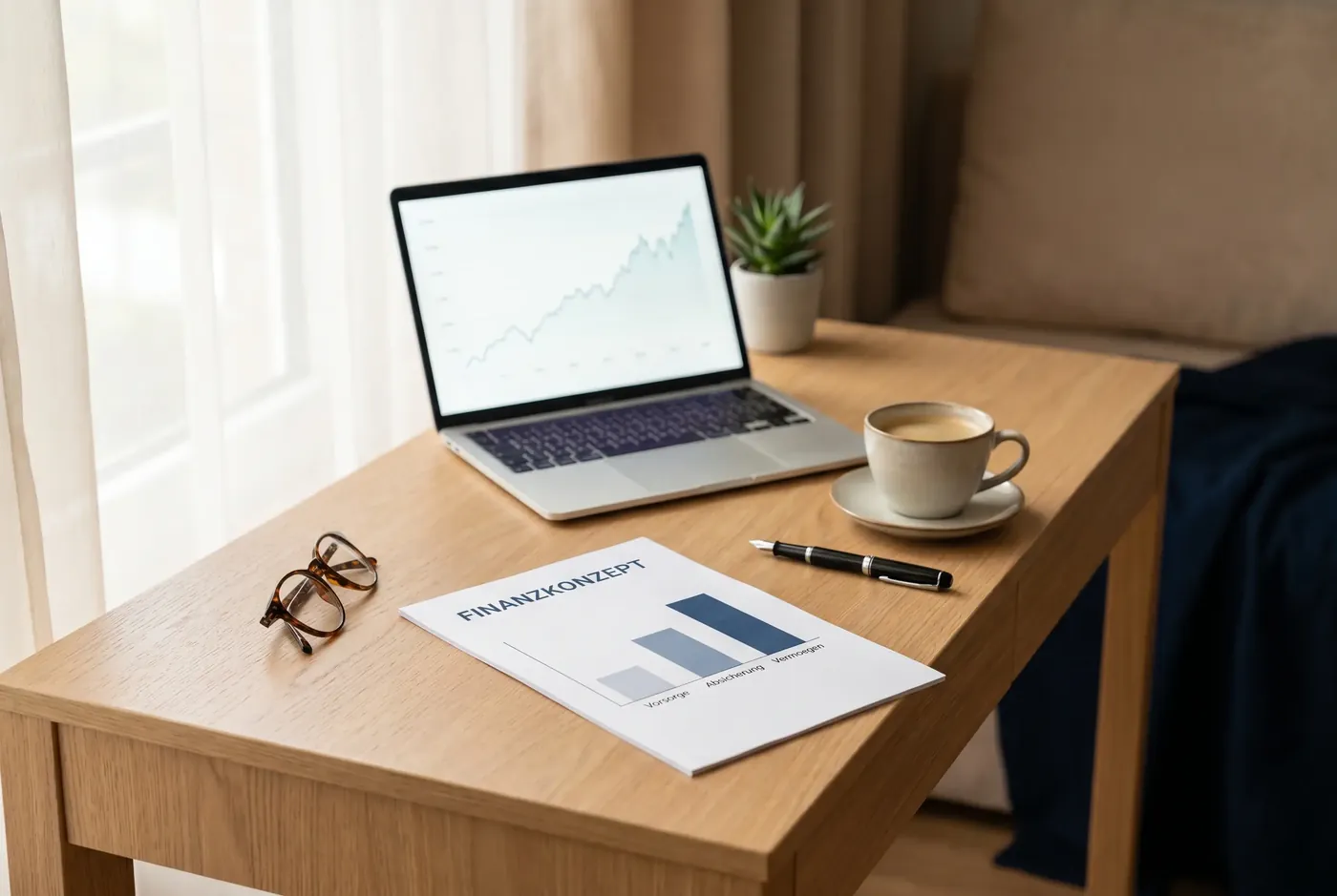 Aufgeräumter Schreibtisch mit Finanzunterlagen und Laptop – Analyse