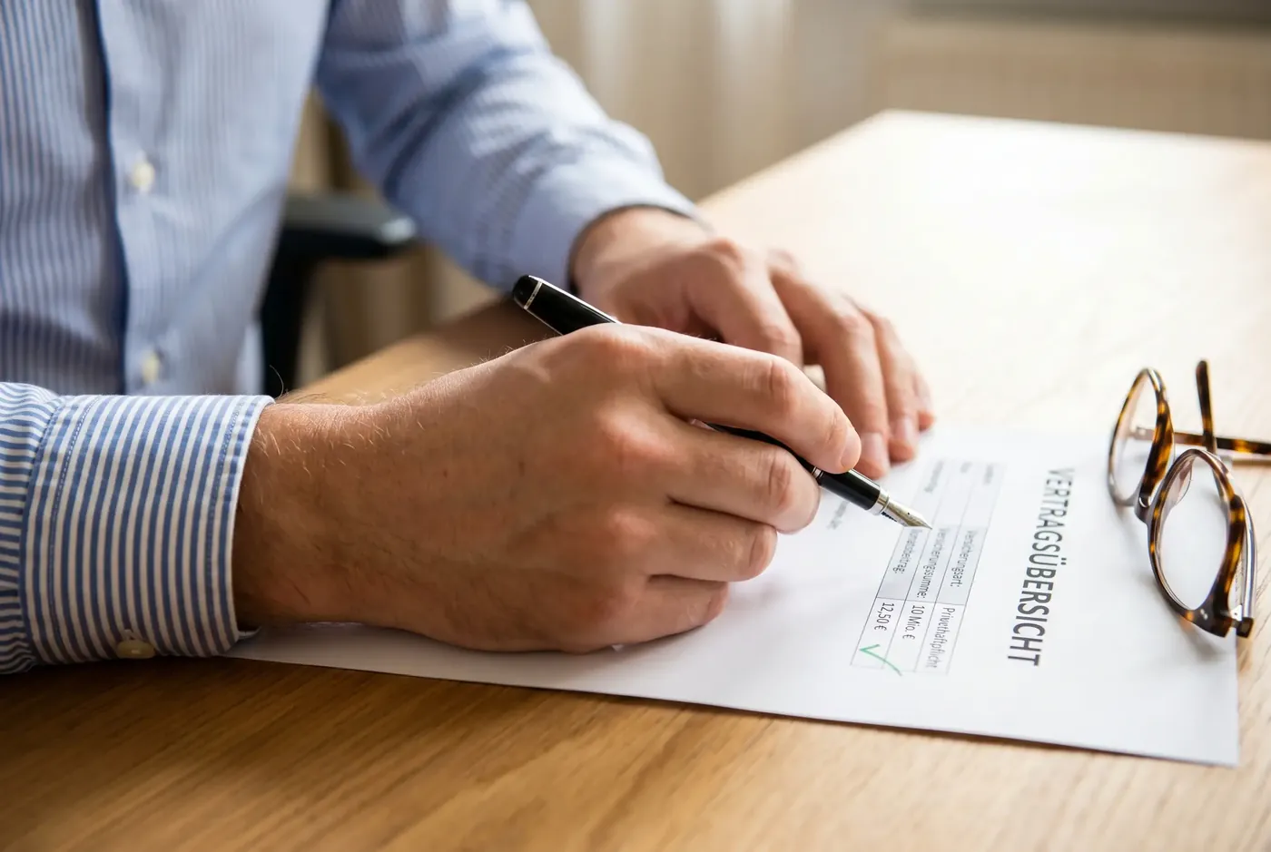 Hände prüfen einen Vertrag mit Stift – Vertragsprüfung